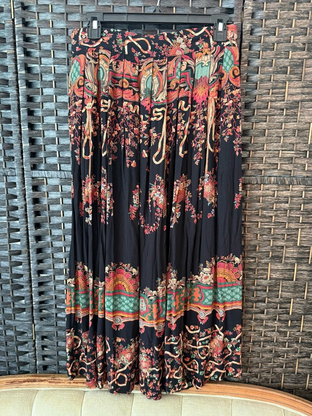 A.K.F. New York Boho Floral Border Print Maxi Skirt Elastic Waist Pockets Sz M